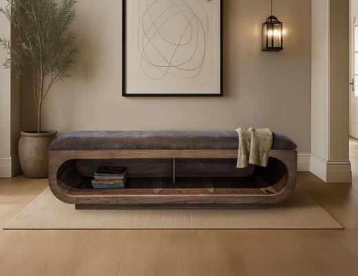 Balam, Wooden bench with a cushioned seat and open storage underneath.