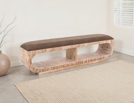Balam, Upholstered Seat Bench with Two Open Shelves