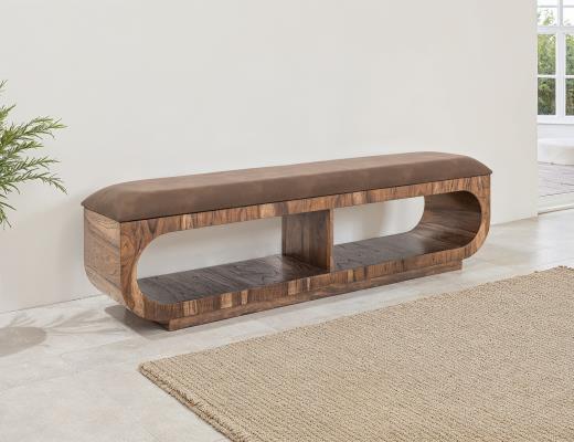 Balam, Upholstered Seat Bench with Two Open Shelves