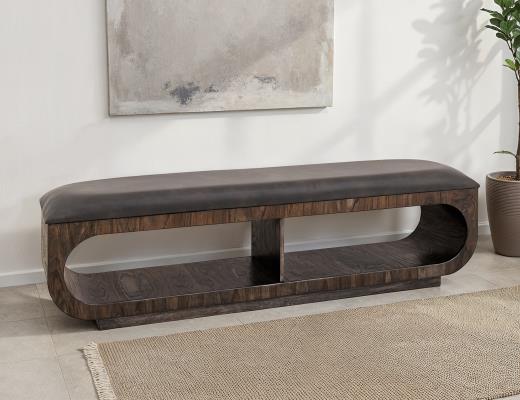 Balam, Upholstered Seat Bench with Two Open Shelves