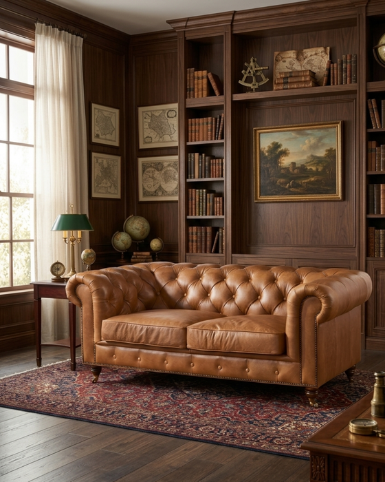 Century Chesterfield Love Seat - Light Brown Leather