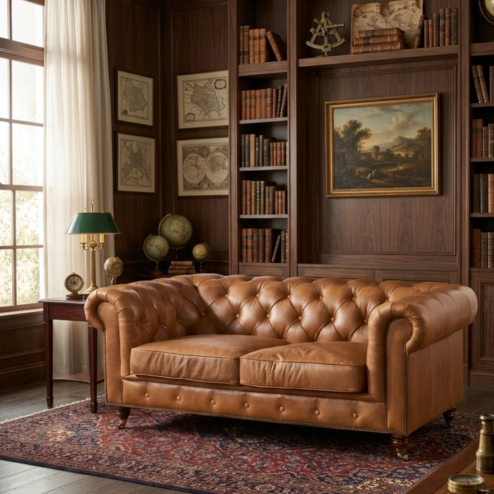 Century Chesterfield Love Seat - Light Brown Leather