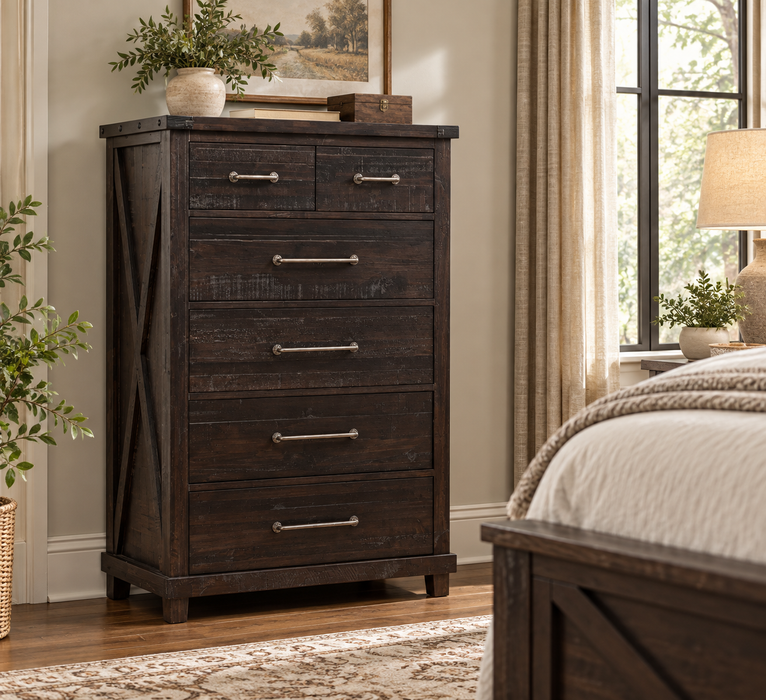 Oak Park Cross Bar 6 Drawer Highboy Dresser - Black