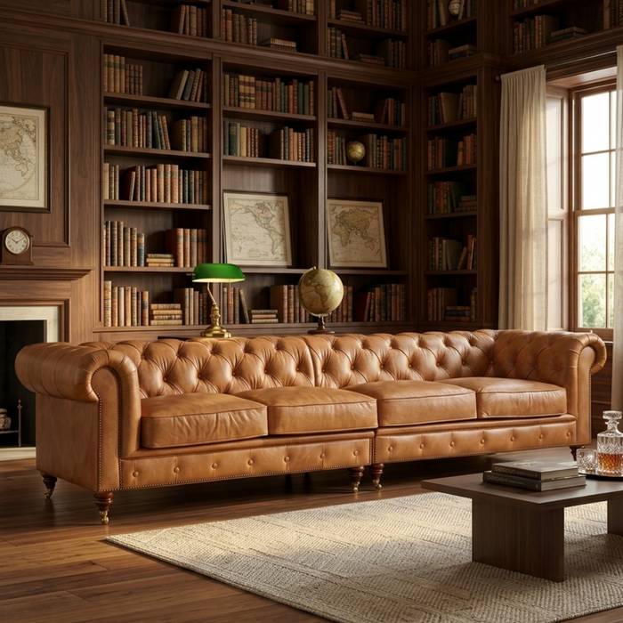 Century Chesterfield Sofa - Light Brown Leather - 118"