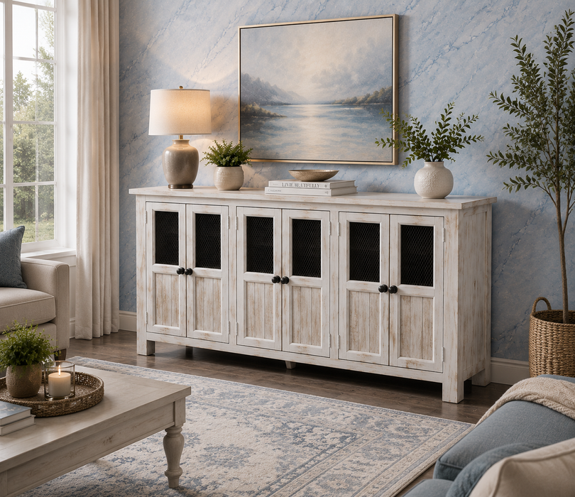 Gaines 6 Door Sideboard - Distressed White - 72"
