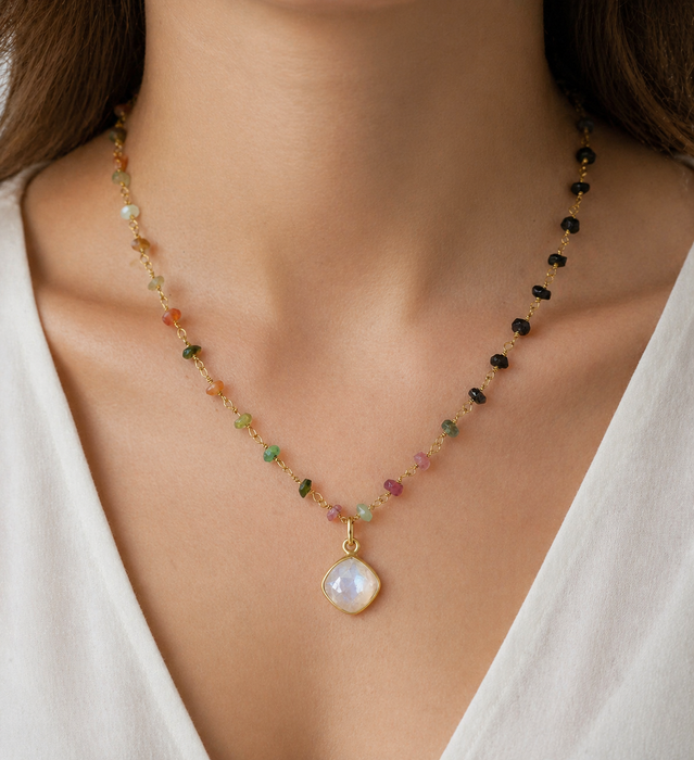 Sterling Silver Necklace with Rainbow Moonstone & Tourmaline, Plated with 9K Yellow Gold