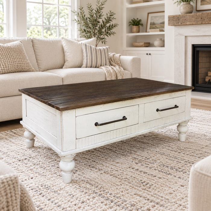 Avalon Rustic Farmhouse 4 Drawer Coffee Table - White