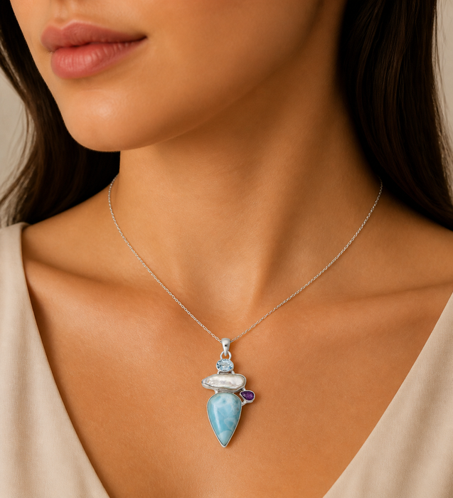 Sterling Silver Pendant, Decorated with Larimar, Freshwater Pearls, Sky-Blue Topaz and Tanzanite