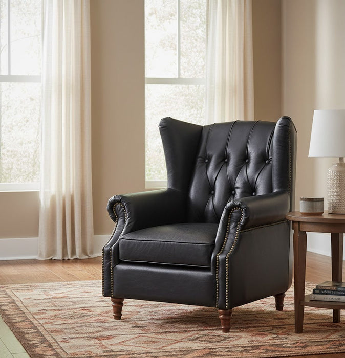 Tufted English Rolled Arm Wing Chair - Top Grain Leather