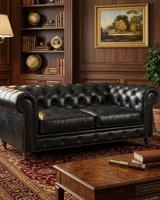 Century Chesterfield Love Seat - Slate Leather