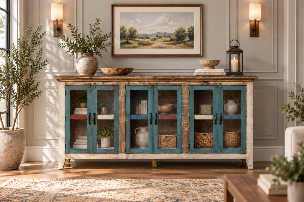 Antique, 6 Glass Doors 73" Console