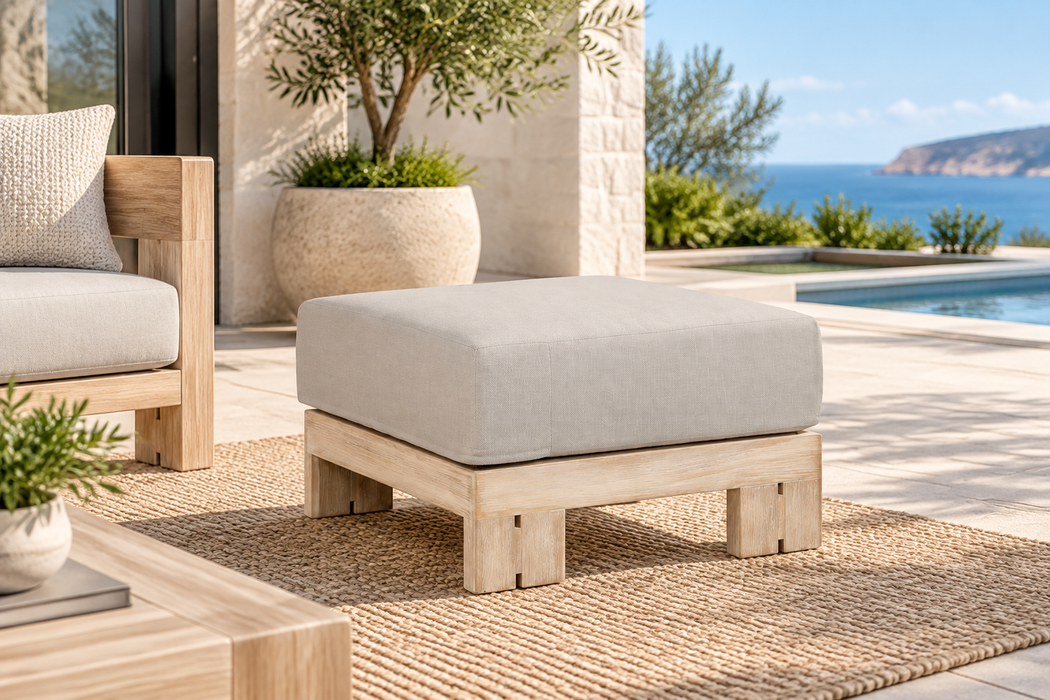 Paradiso Outdoor Teak Natural Look Ottoman - Gray Fabric