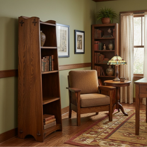 Wooden bookshelf and chair in a room with a lamp and framed pictures.