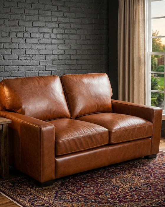 Claudette Top Grain Leather Love Seat - Chestnut