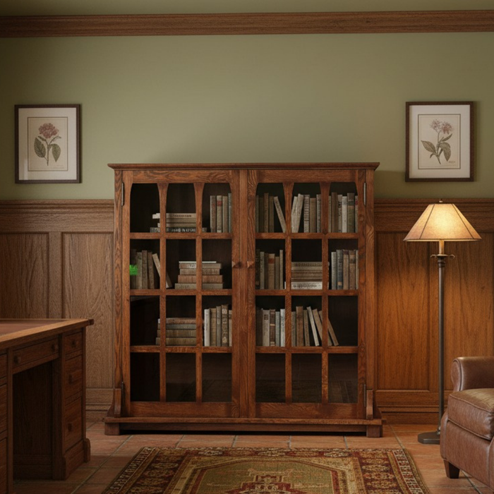 Mission Solid Oak Double Door Bookcase - Walnut