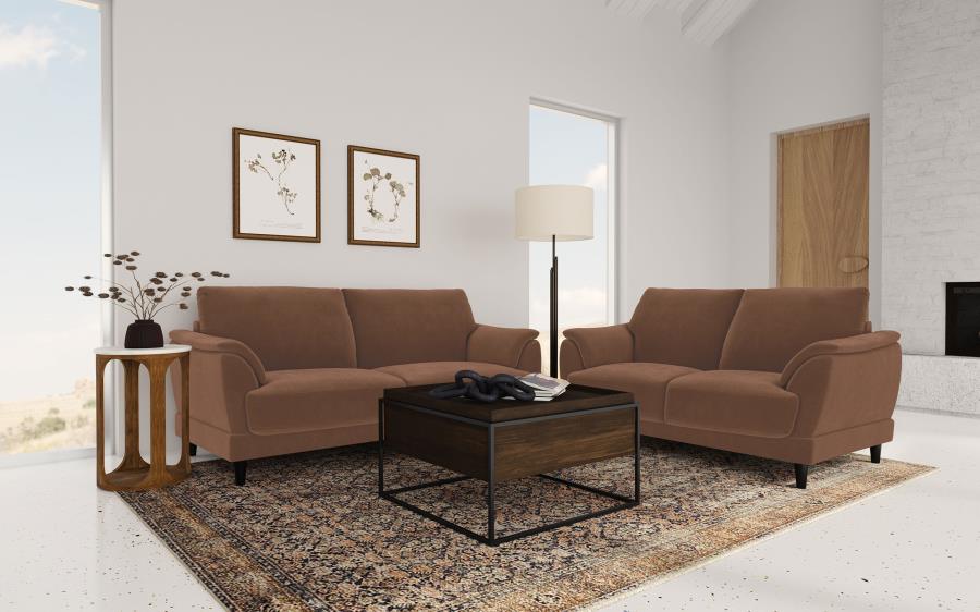 Onari Velvet Upholstered Crescent Arm Sofa Set in Rust