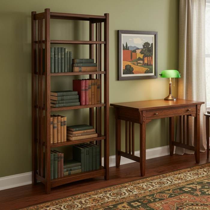 Mission Spindle Side 5 Shelf Bookcase - Walnut (W1)