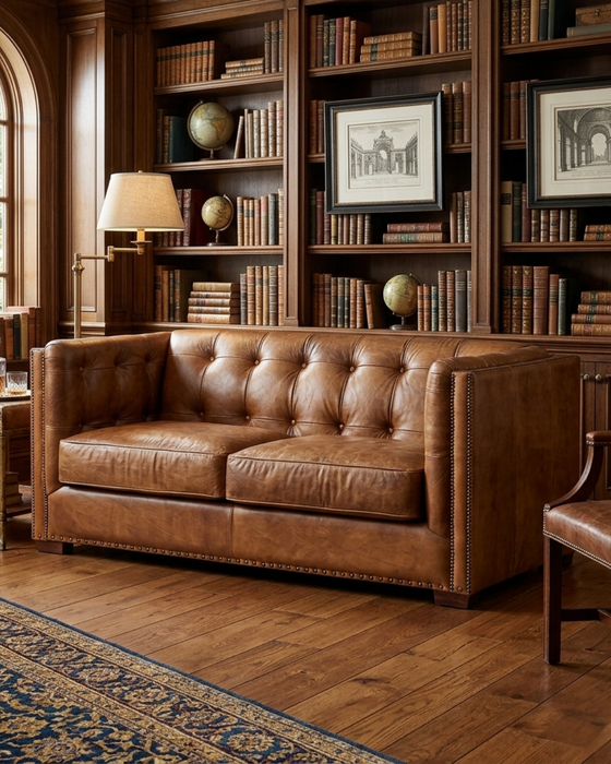 Tuxedo Leather Love Seat - Light Brown