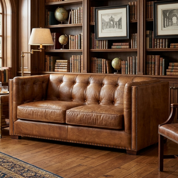 Tuxedo Leather Love Seat - Light Brown