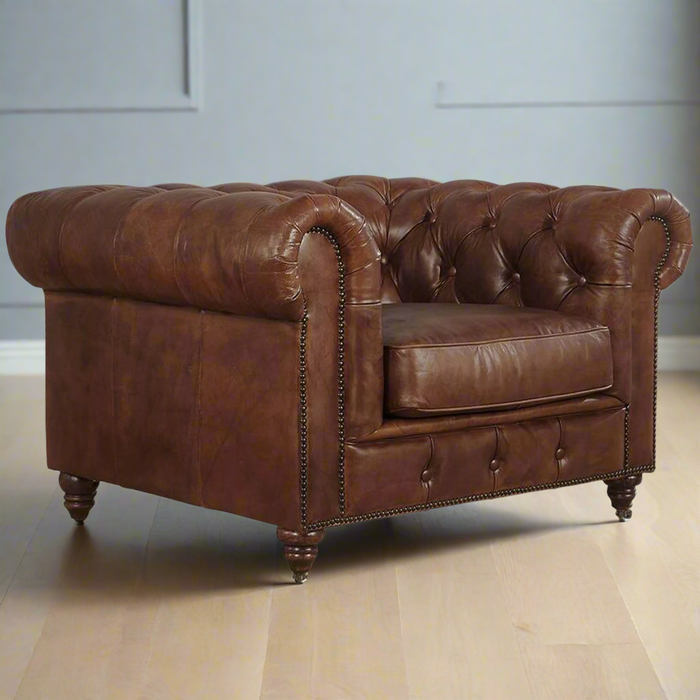 Century Chesterfield Arm Chair - Medium Brown Leather