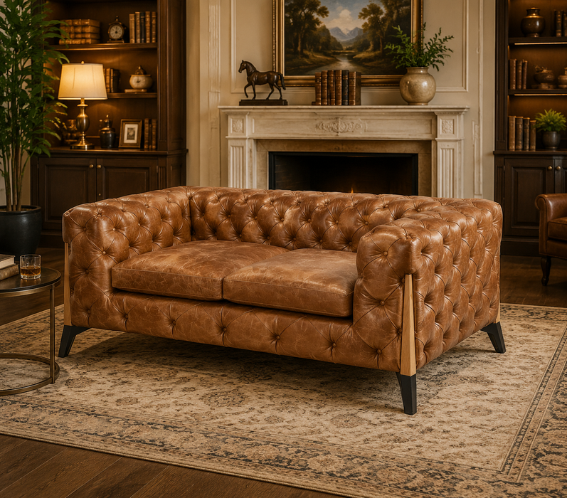 Olivia Contemporary Tufted Chesterfield Love Seat - Light Brown Leather