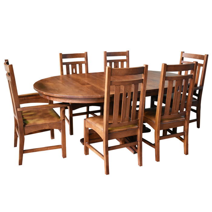 Mission Quarter Sawn Oak 2 Leaf Round Dining Table Set w/ 6 Chairs