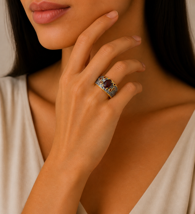 Sterling Silver Ring Decorated with Garnet and Red Sapphires, Plated with 3 Micron 22K Yellow Gold and Grey Ruthenium