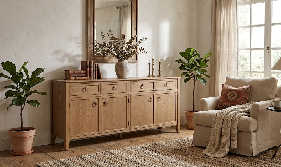 Rustic Modern Solid Pine Wood Sideboard Console Cabinet with Storage