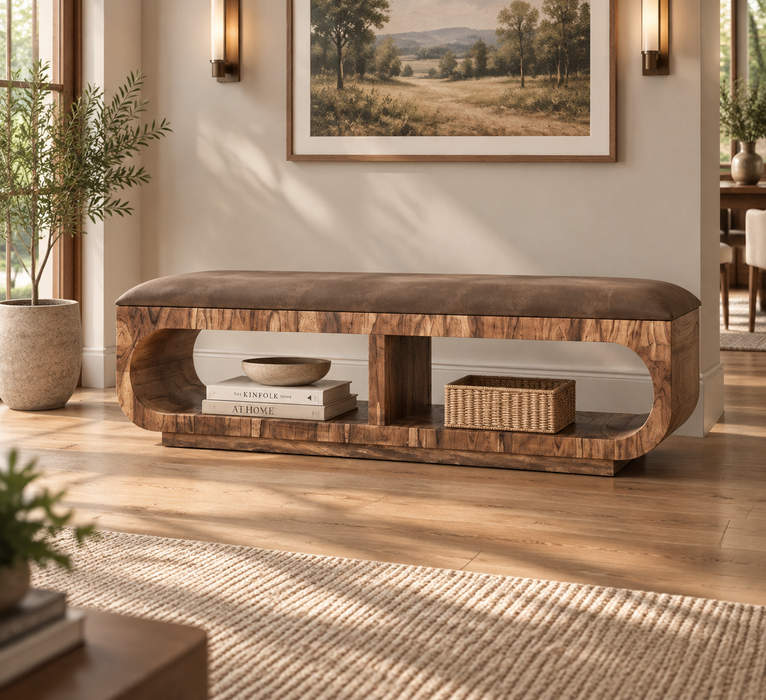 Balam, Upholstered Seat Bench with Two Open Shelves