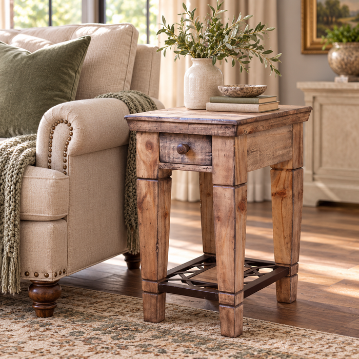 Greenview Bleached Side Table - Wrought Iron Base