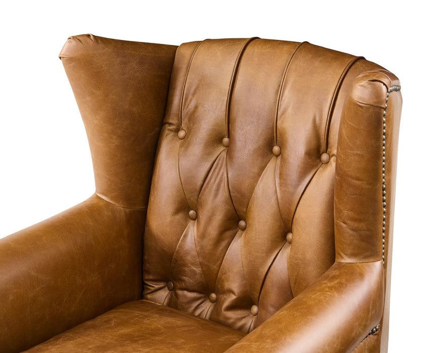 Tufted English Rolled Arm Wing Chair - Light Brown Leather