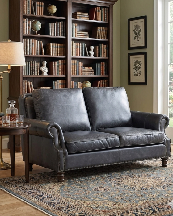 English Rolled Arm Love Seat - Slate Leather