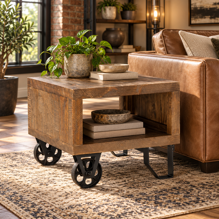 Harding Reclaimed Wood Industrial Cart End Tabe