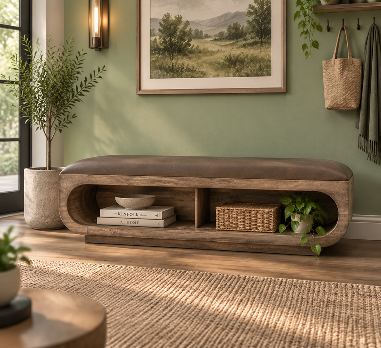 Balam, Wooden bench with a cushioned seat and open storage underneath