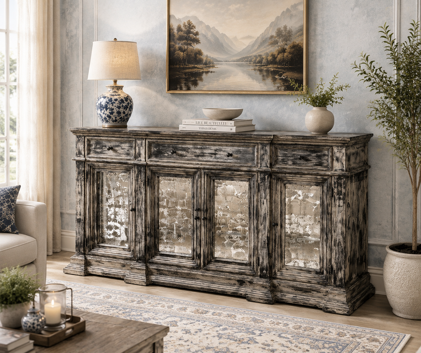 Landon Venetian 4 Door / 3 Drawer Sideboard - Antiqued Mirror - 79"