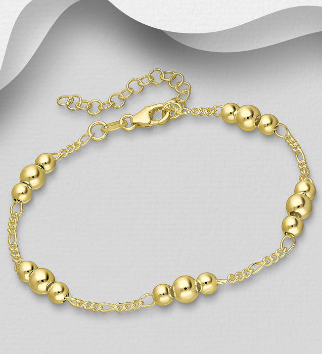 Sterling Silver Ball Bracelet, Plated with 0.5 Micron 18K Yellow Gold, 4-5mm Balls, Made in Italy