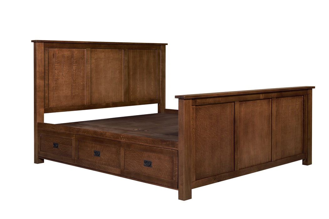 Mission Oak Storage Panel Bed with Three Drawers: Walnut stain