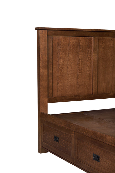 Mission Oak Storage Panel Bed with Three Drawers: Walnut stain