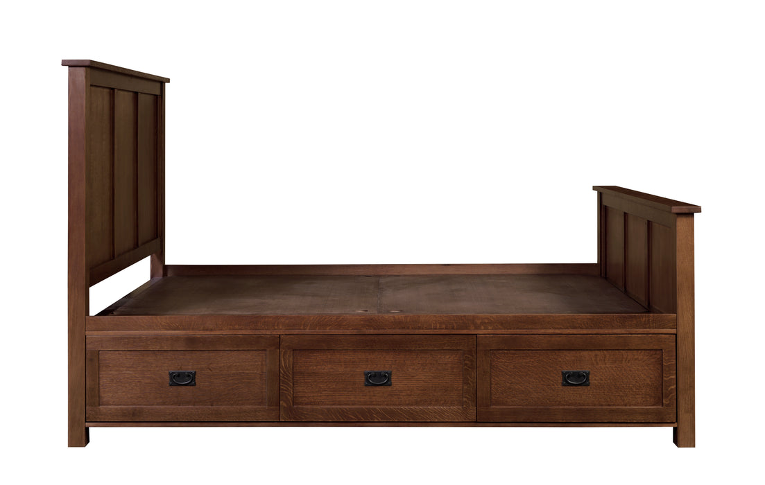 Mission Oak Storage Panel Bed with Three Drawers: Walnut stain