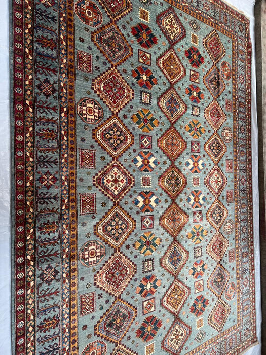 Hand-Knotted Vegetable Dye Kazak Rug from Pakistan, 9' 5" x 12' 9"