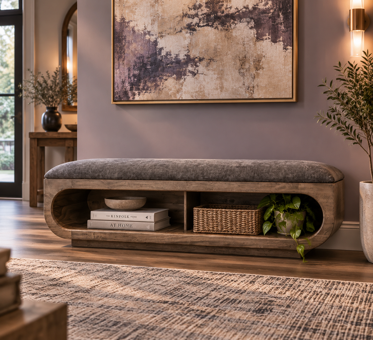 Balam, Wooden bench with a cushioned seat and open storage underneath.