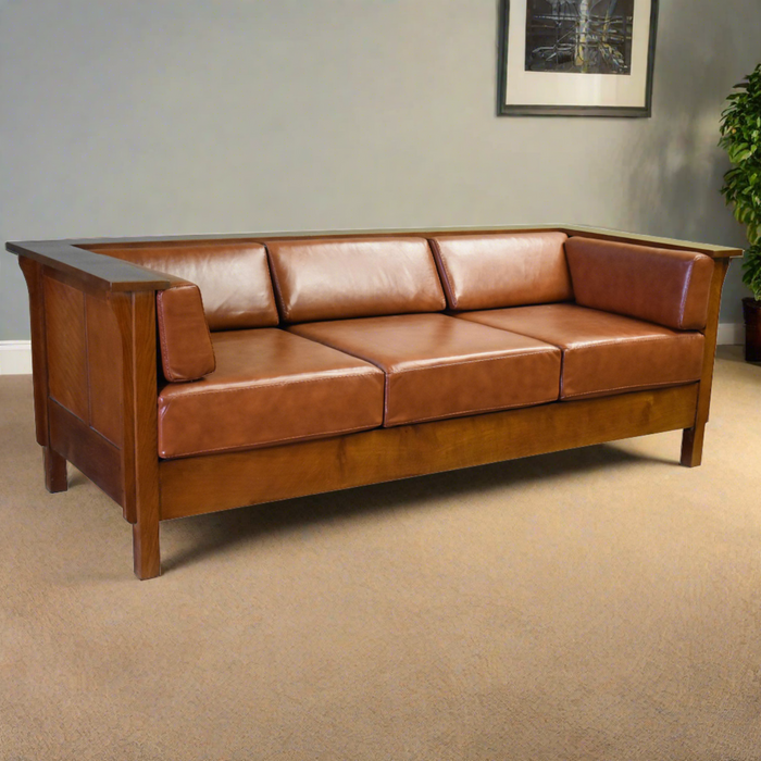 Arts and Crafts / Craftsman Cubic Panel Side Sofa - Russet Brown Leather (RB2)