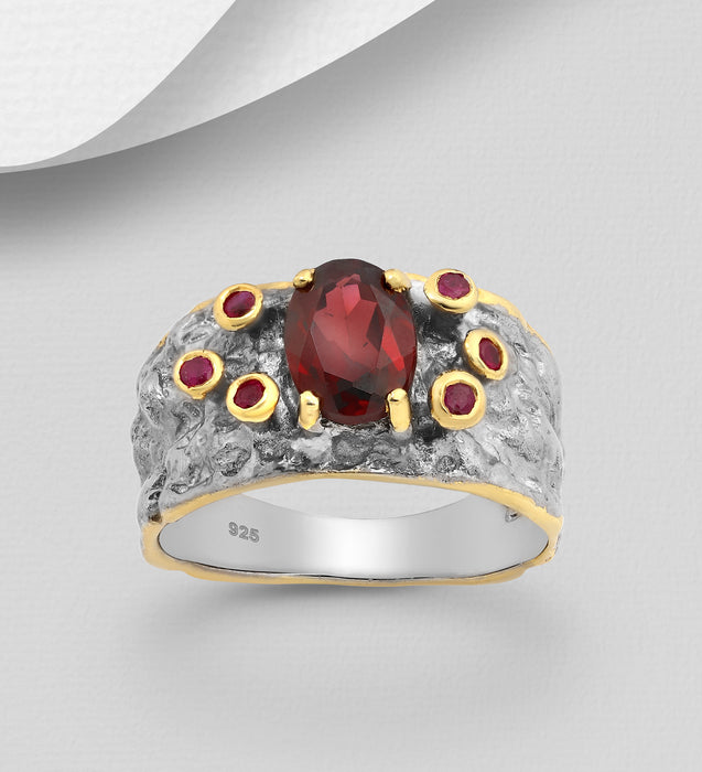 Sterling Silver Ring Decorated with Garnet and Red Sapphires, Plated with 3 Micron 22K Yellow Gold and Grey Ruthenium