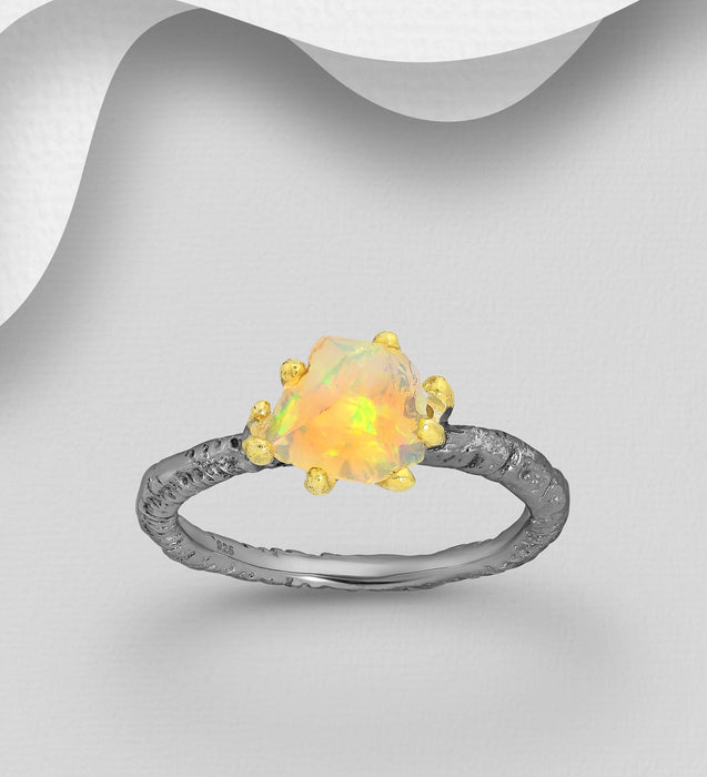 Sterling Silver Ring, Decorated with Ethiopian Opal, Plated with 3 Micron 22K Yellow Gold and Grey Ruthenium