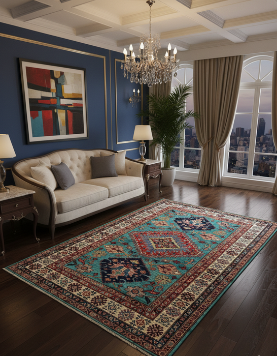 Hand-Knotted Vegetable Dye Kazak Rug from Pakistan, size 4" x 6"