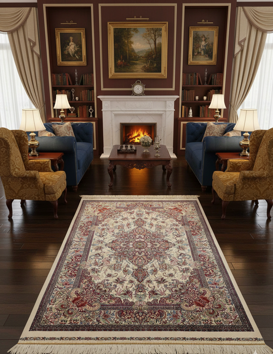 Exquisite 100% Silk Persian Design Rug – Elegant and Luxurious, size 3" x 5" (H)