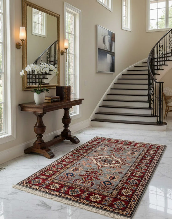 Hand-Knotted Vegetable Dye Kazak Rug from Pakistan, size 2' 10" x 4"