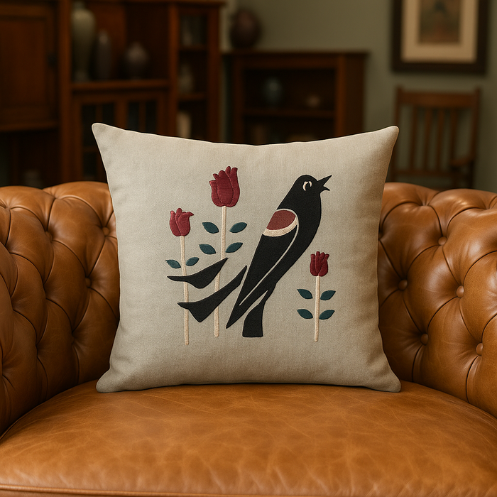 Arts & Crafts Mission-Style Embroidered Cushion / Pillow – Bird & Floral Design