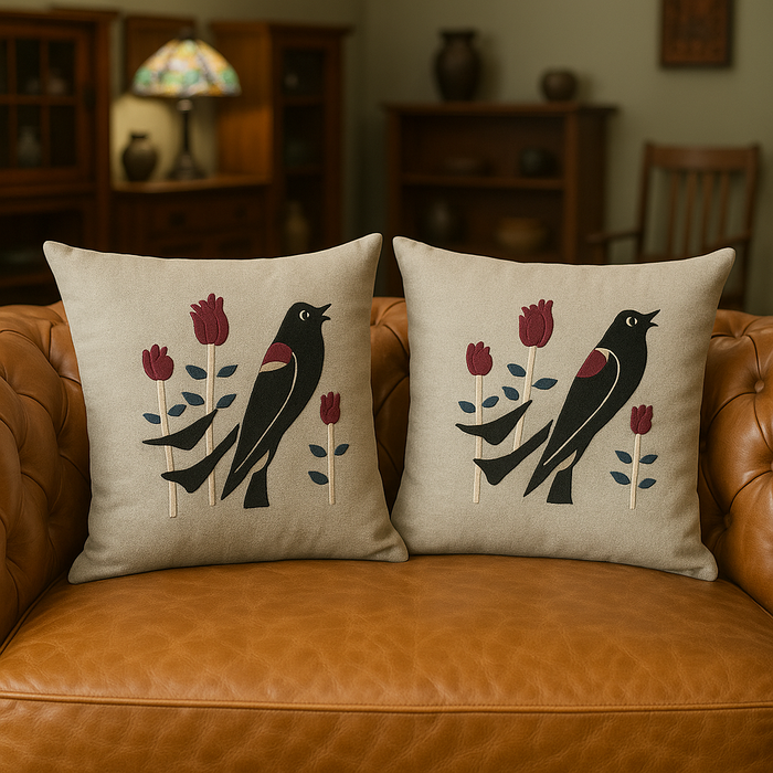 Arts & Crafts Mission-Style Embroidered Cushion / Pillow – Bird & Floral Design