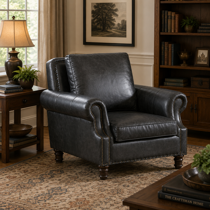 English Rolled Arm - Arm Chair - Slate Leather